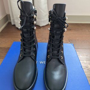 STUART WEITZMAN Laine Pearl Leather Combat Boots Size 6 Black
